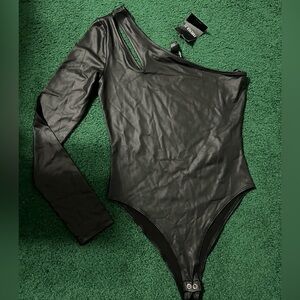 F21 Asymmetric One-Shoulder Black Faux Leather Bodysuit NWT